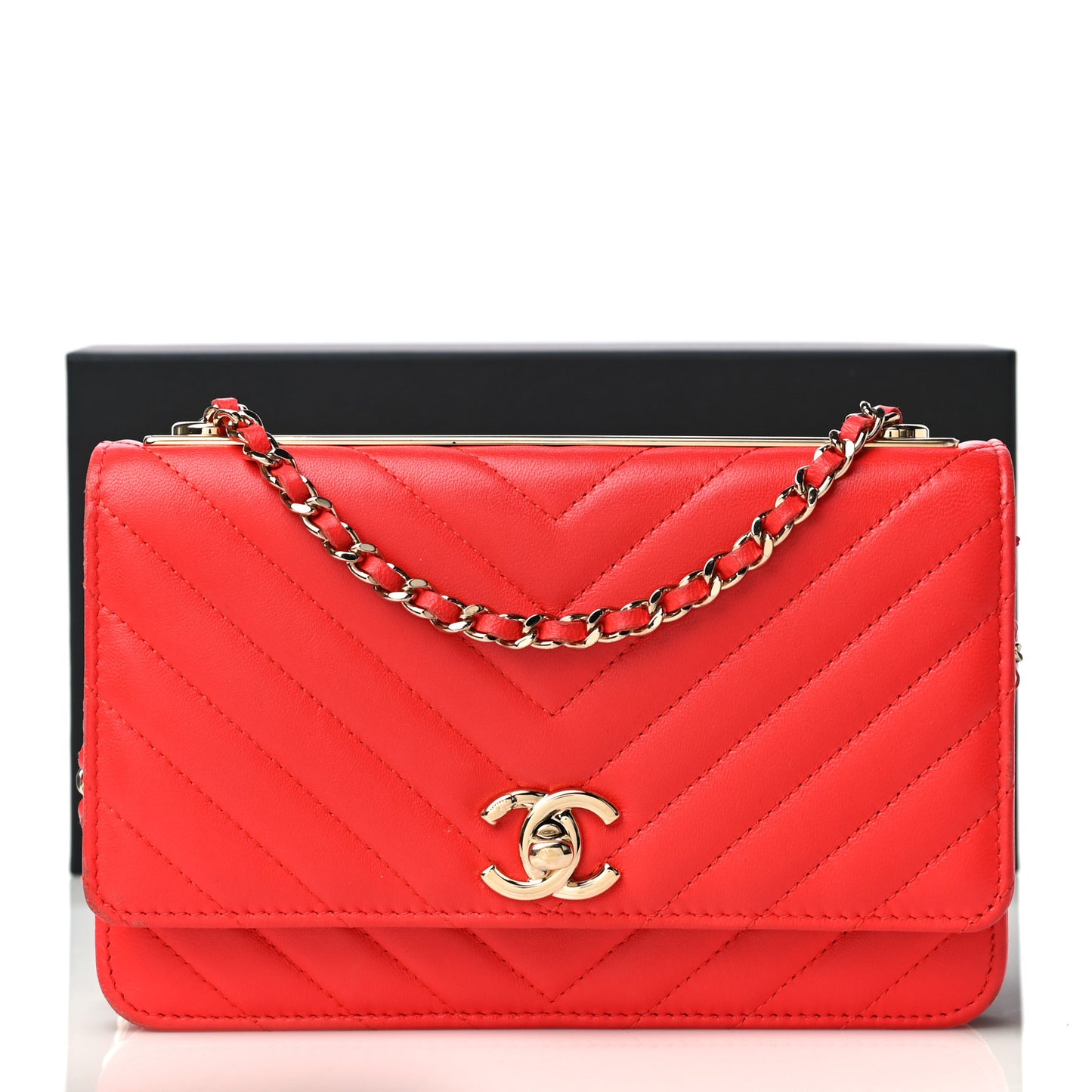 Lambskin Chevron Quilted Trendy CC Wallet On Chain WOC Red