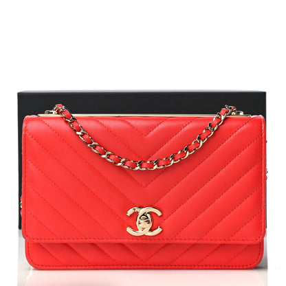 Chanel Lambskin Chevron Quilted Trendy CC Wallet On Chain WOC Red 22 of 22