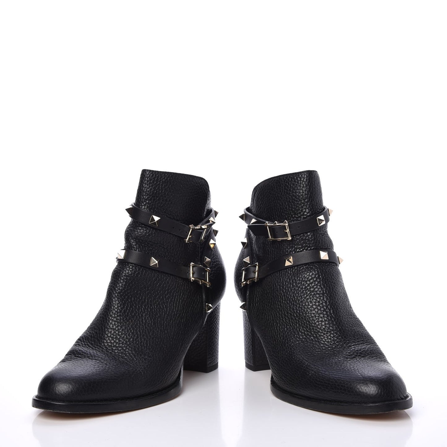 Pebbled Calfskin Rockstud Double Buckle 70mm Block Heel Ankle Boots 38.5 Black