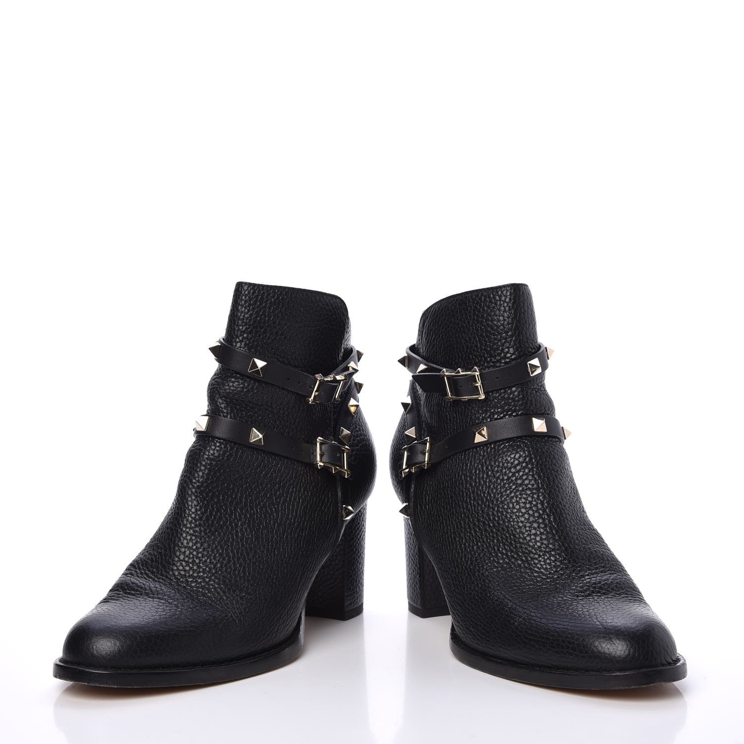 Valentino Garavani Pebbled Calfskin Rockstud Double Buckle 70mm Block Heel Ankle Boots 38.5 Black 6 of 11