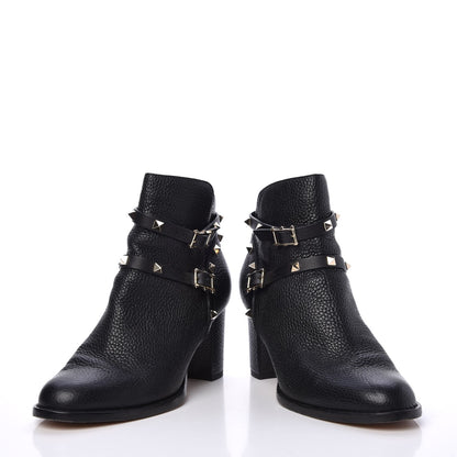 Valentino Garavani Pebbled Calfskin Rockstud Double Buckle 70mm Block Heel Ankle Boots 38.5 Black 6 of 11
