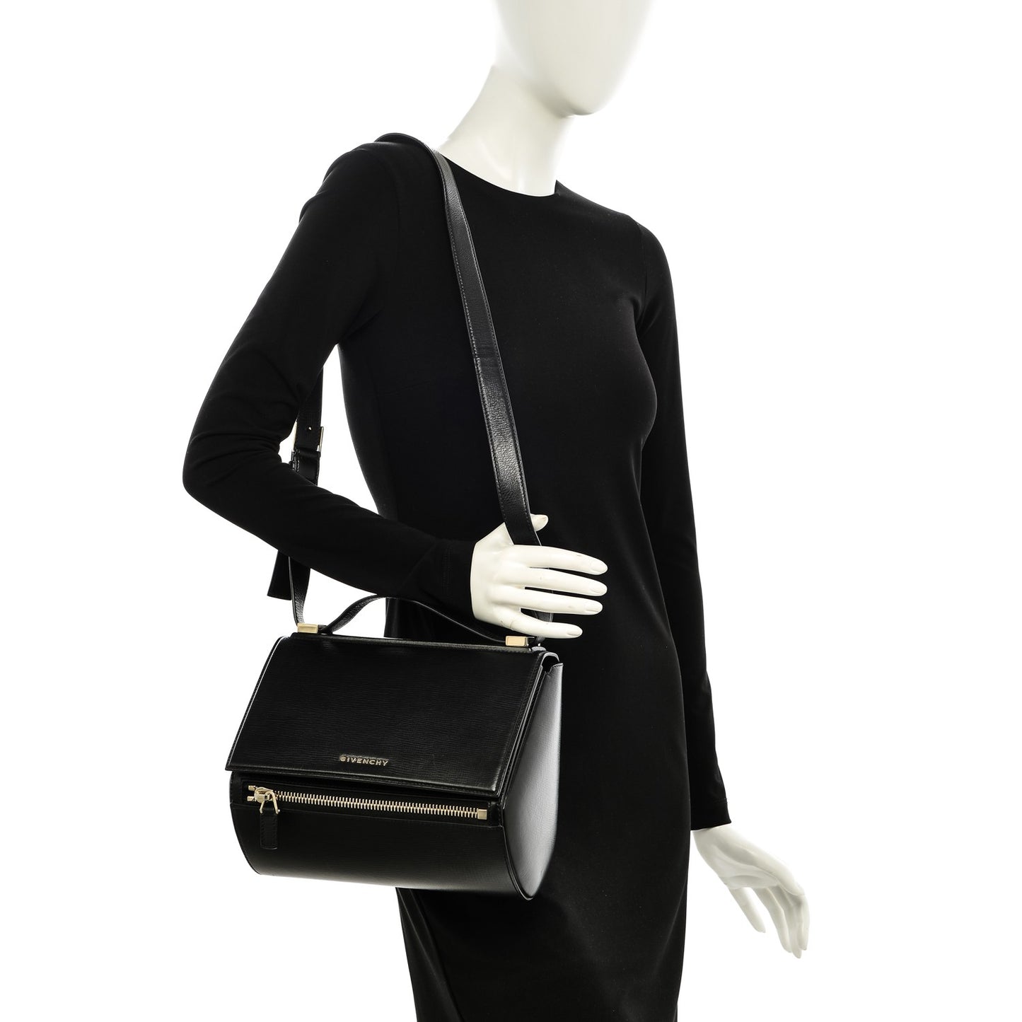Textured Calfskin Medium Pandora Box Crossbody Bag Black