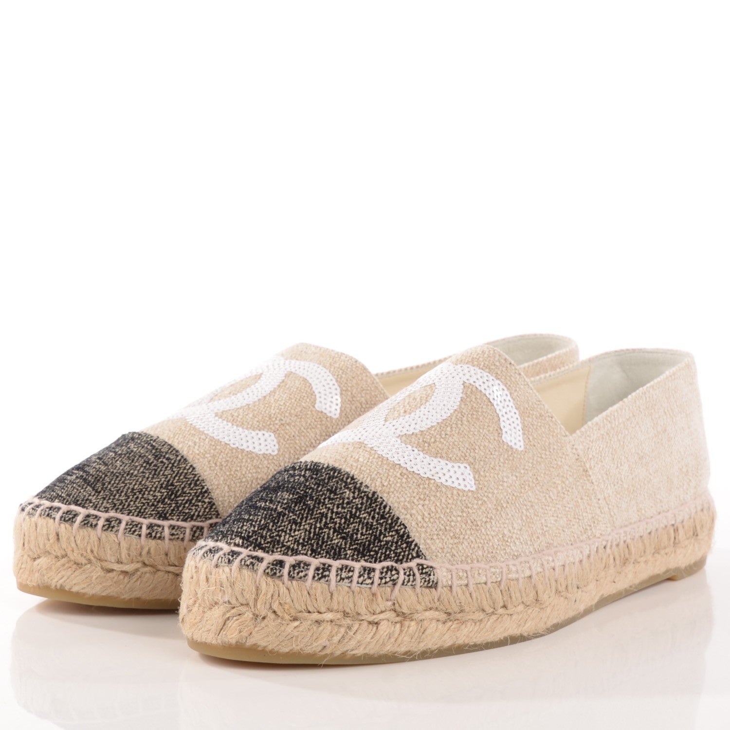 Chanel Toile Sequin CC Espadrilles 38 Beige Black 4 of 10