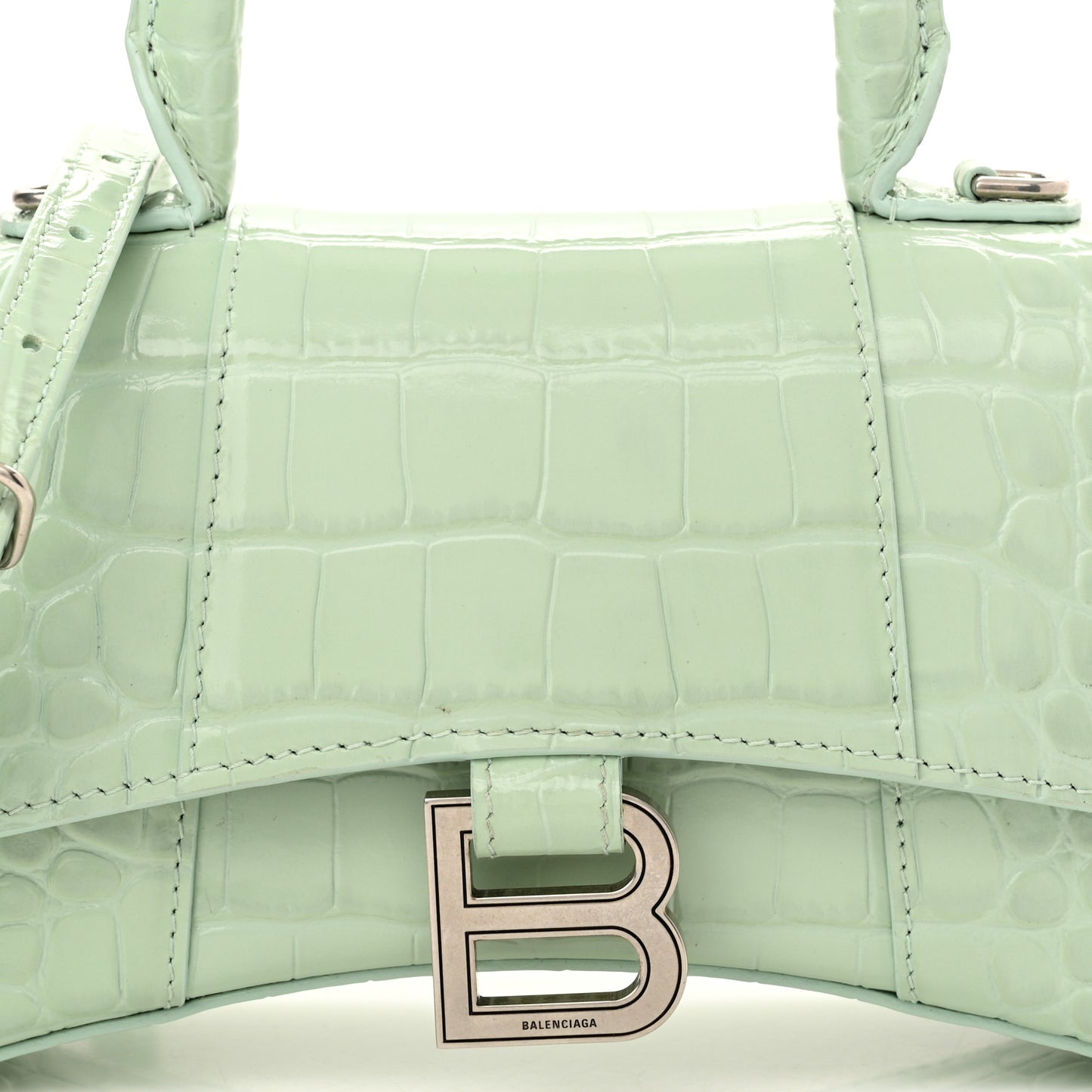 Shiny Calfskin Crocodile Embossed Hourglass Top Handle Bag XS Light Green