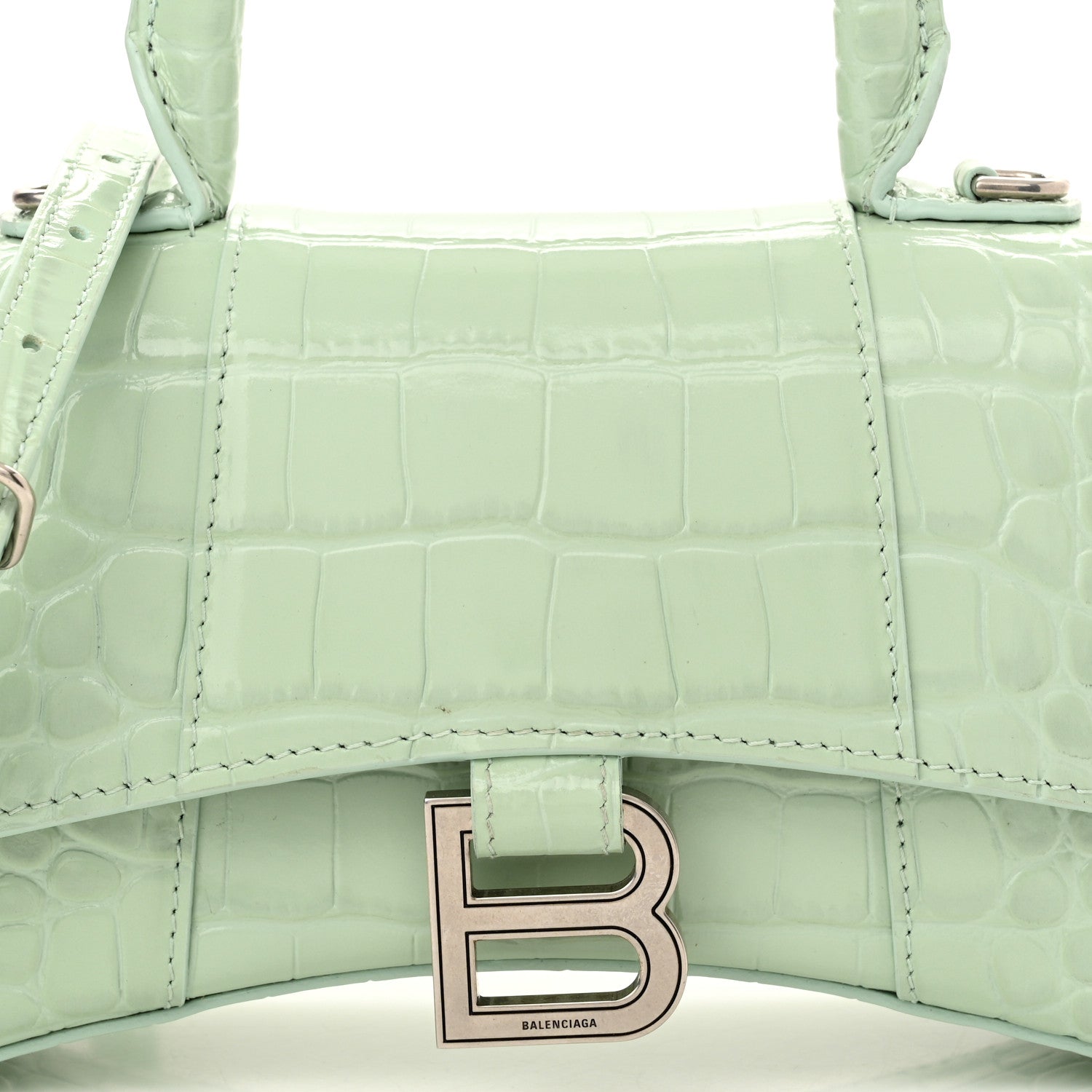Balenciaga Shiny Calfskin Crocodile Embossed Hourglass Top Handle Bag XS Light Green 9 of 11