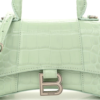 Balenciaga Shiny Calfskin Crocodile Embossed Hourglass Top Handle Bag XS Light Green 9 of 11