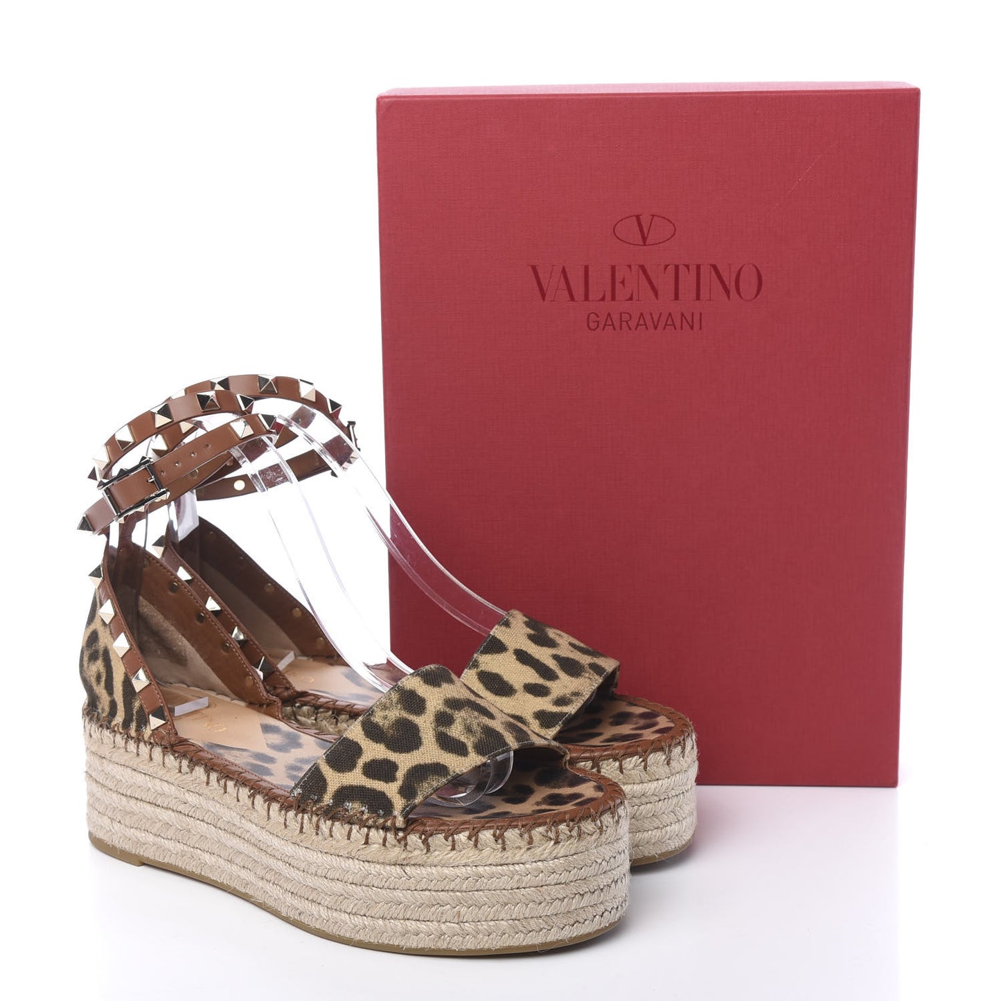 Canvas Leopard Print Rockstud Ankle Wrap Espadrille Flatform Sandals 37 Brown