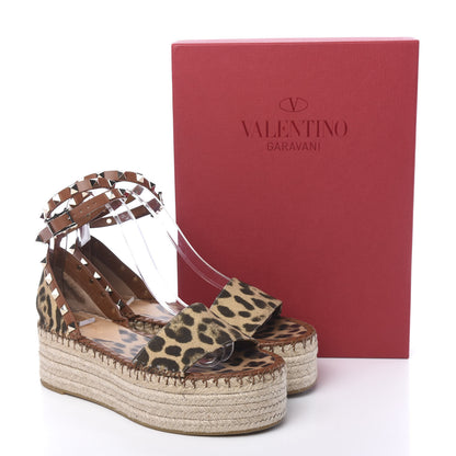 Valentino Garavani Canvas Leopard Print Rockstud Ankle Wrap Espadrille Flatform Sandals 37 Brown 13 of 13