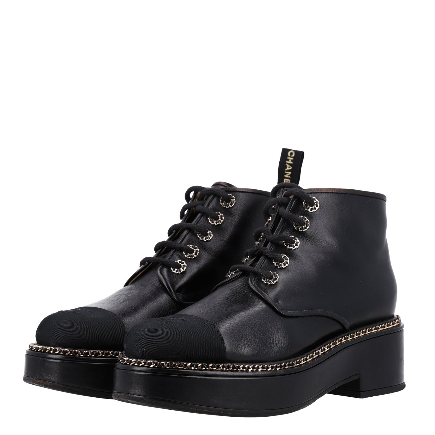 Calfskin Grosgrain Chain Lace Up CC Short Boots 41 Black