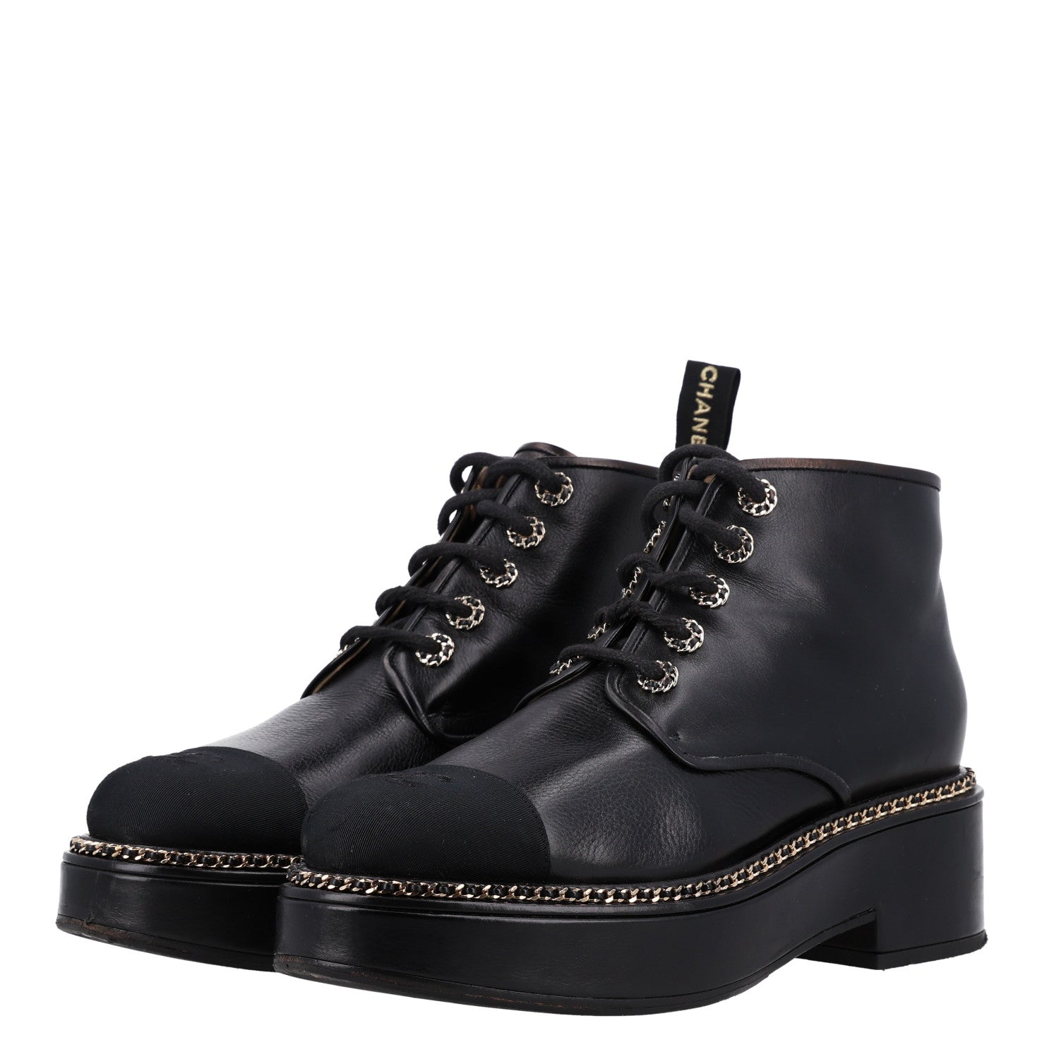 Chanel Calfskin Grosgrain Chain Lace Up CC Short Boots 41 Black 4 of 11
