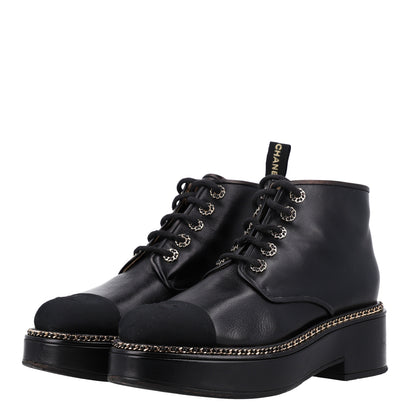 Chanel Calfskin Grosgrain Chain Lace Up CC Short Boots 41 Black 4 of 11