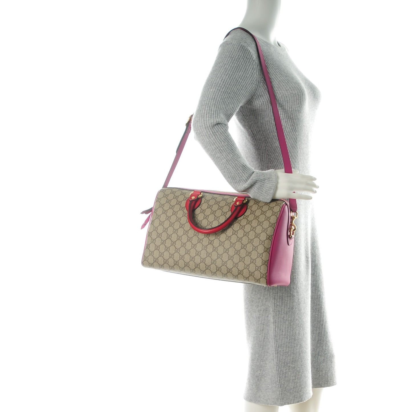 GG Supreme Monogram Medium Boston Beige Hibiscus Red New Rosette