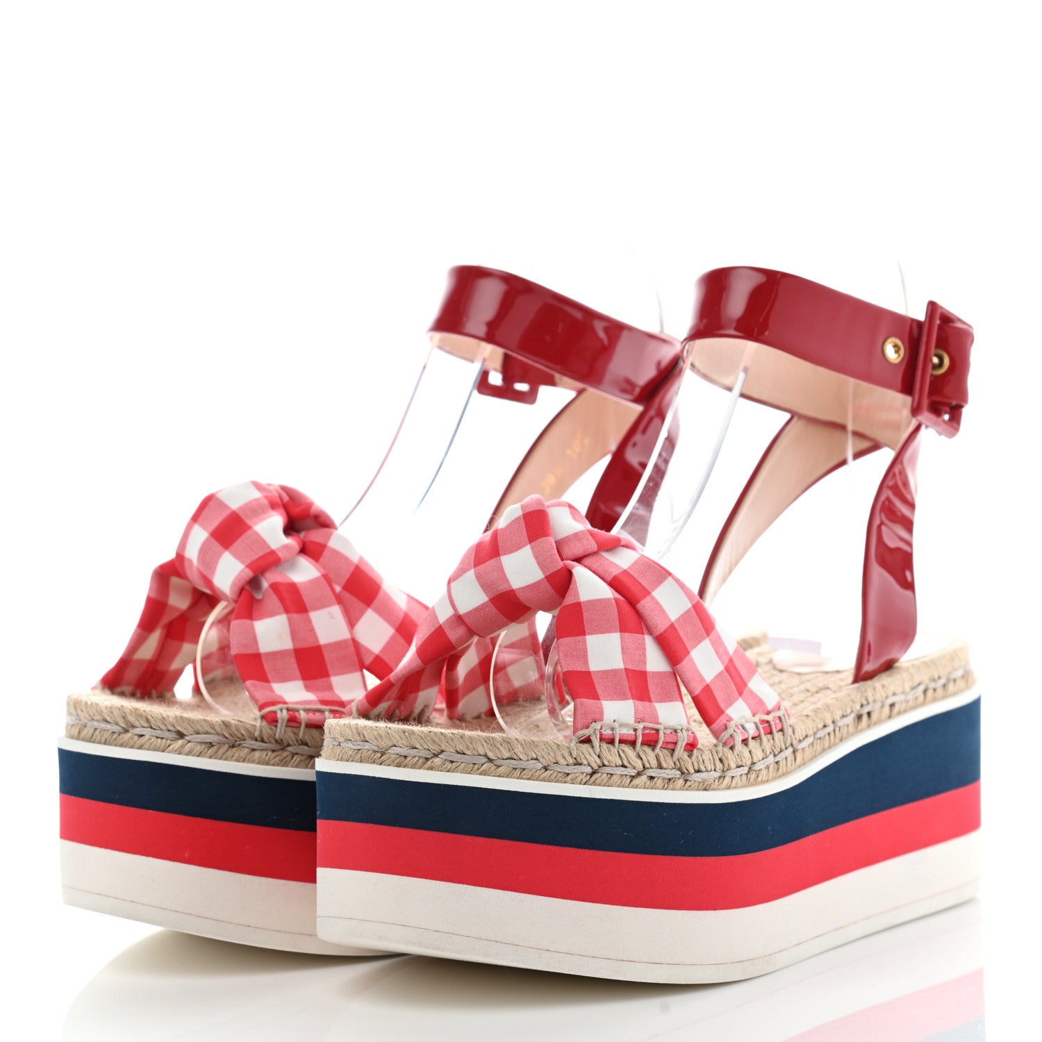 Gucci Patent Cotton Gingham Sefir Espadrille Platform Sandals 39.5 Red White 3 of 11