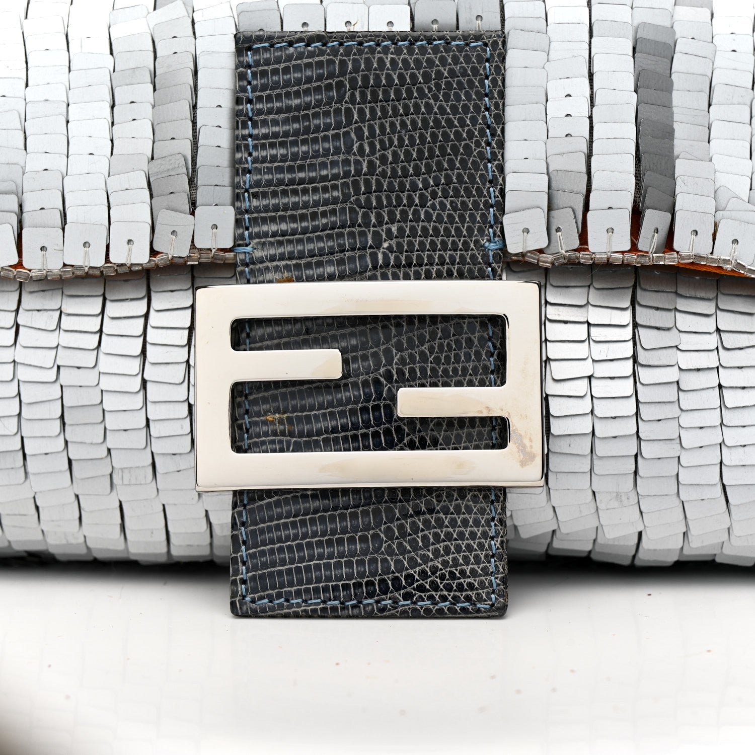 Fendi Sequin Beaded Lizard Baguette Silver Orange 6 of 14