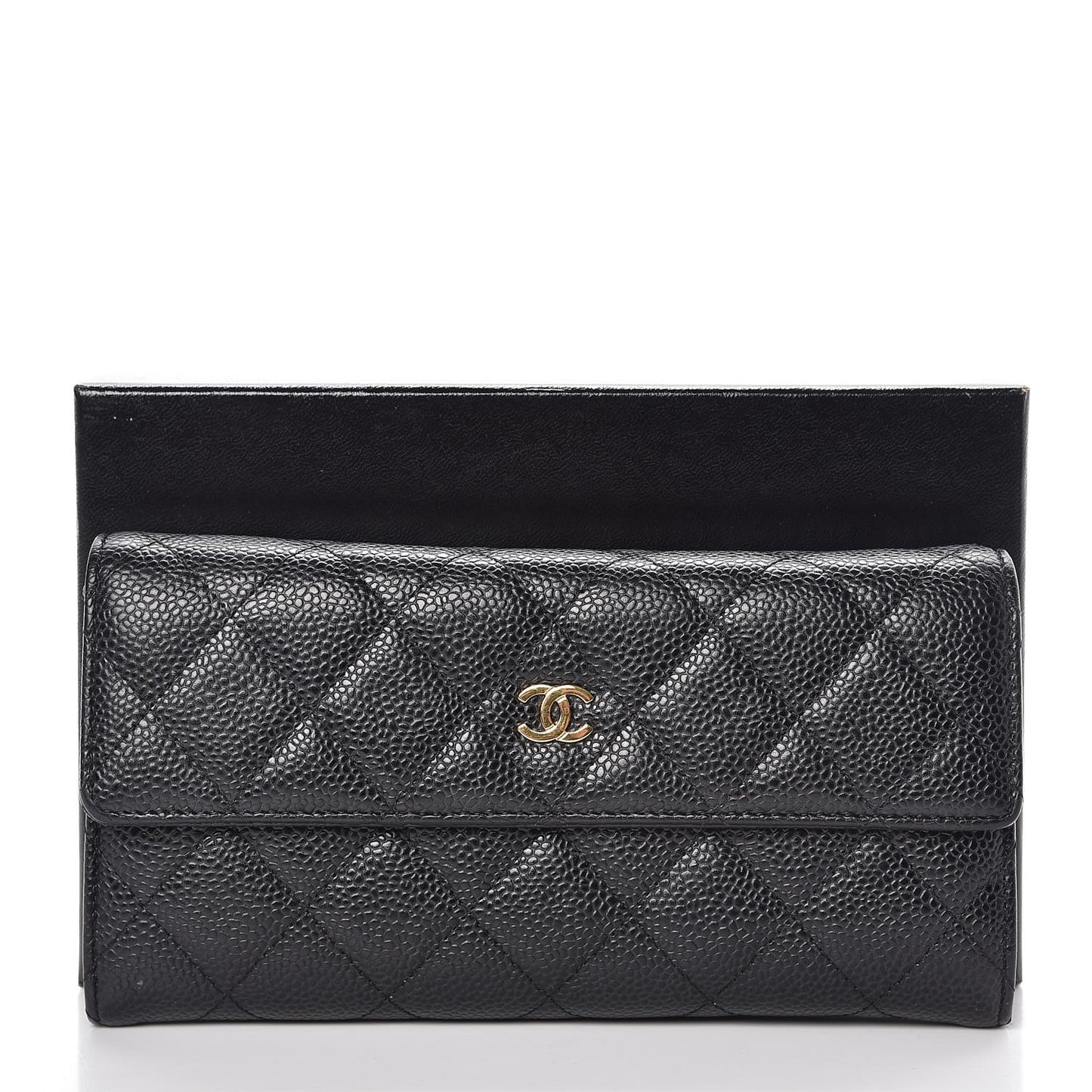 Caviar Quilted Large Gusset Flap Wallet Black