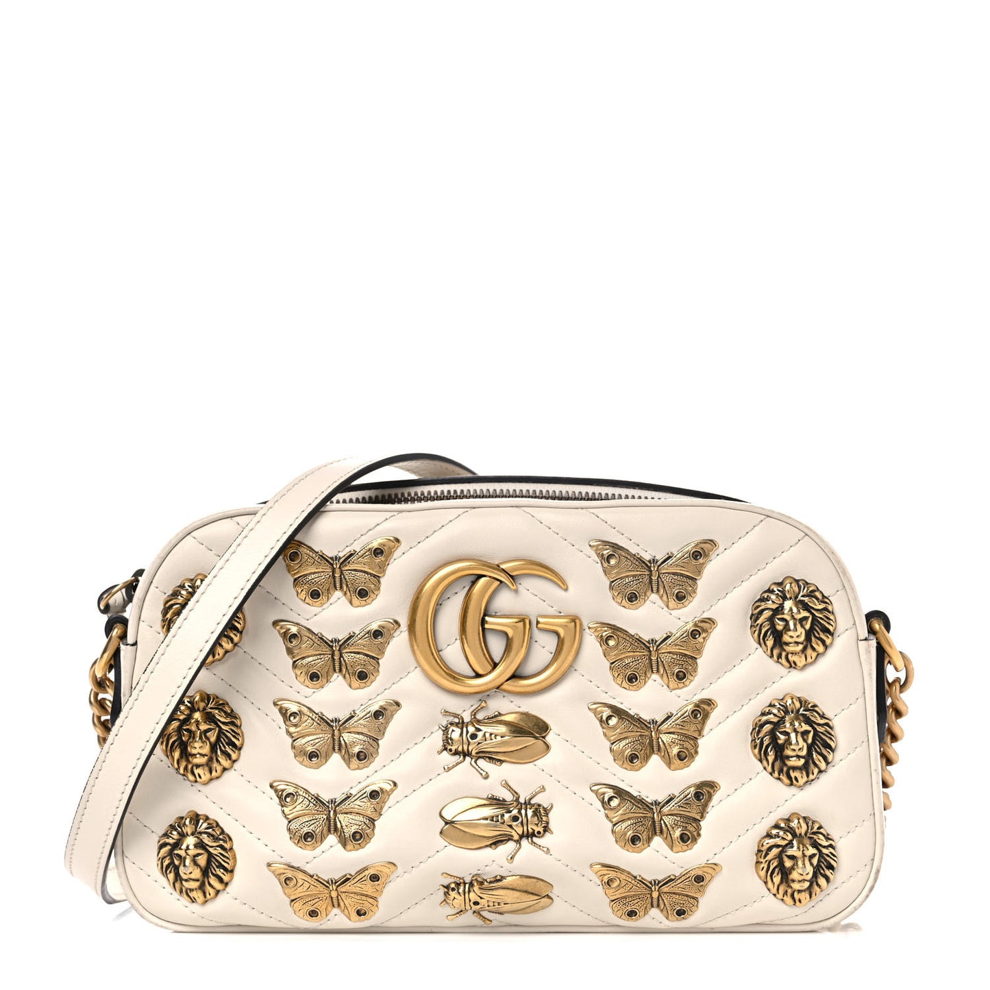 Calfskin Matelasse Animal Studs Small GG Marmont Chain Shoulder Bag White