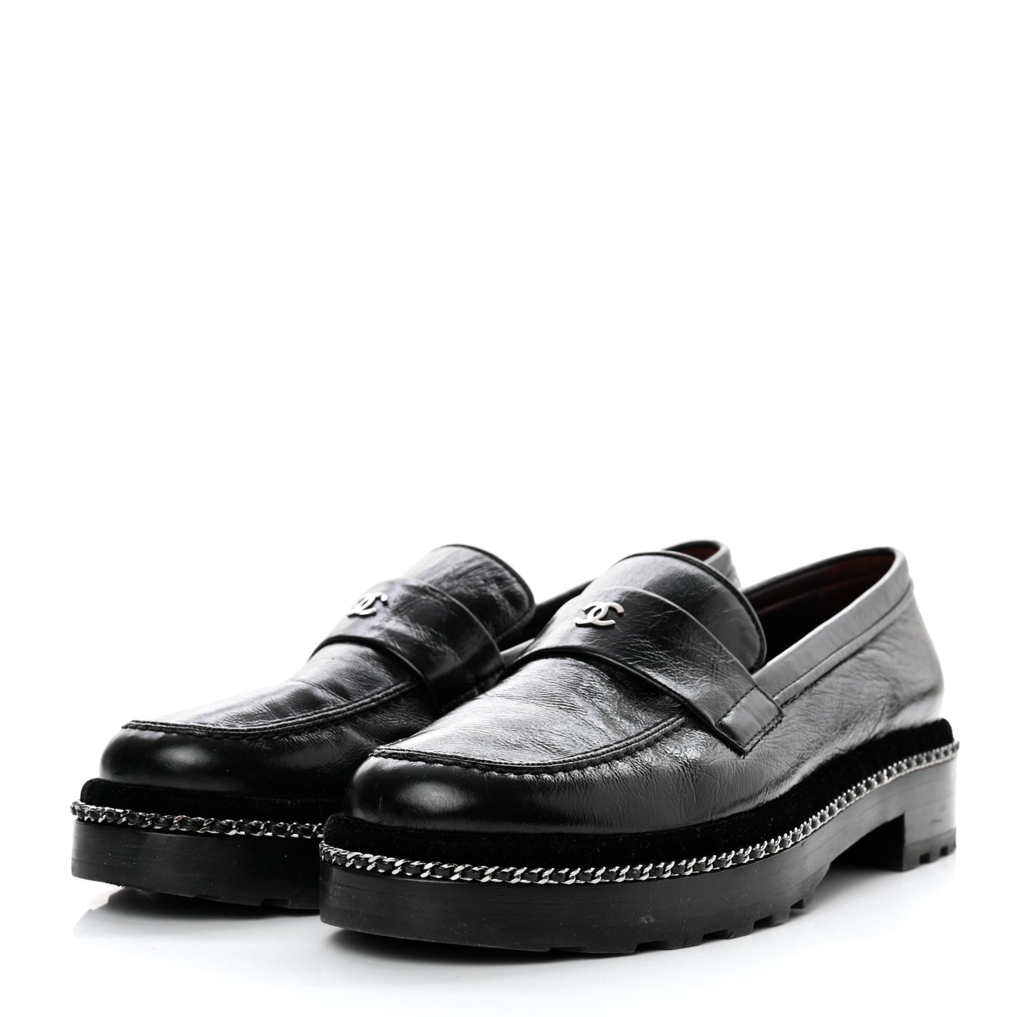 Crinkled Calfskin Velvet CC Chain Mocassin Loafers 39.5 Black