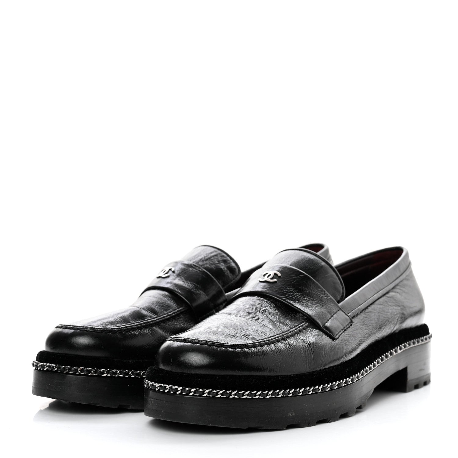 Chanel Crinkled Calfskin Velvet CC Chain Mocassin Loafers 39.5 Black 3 of 7