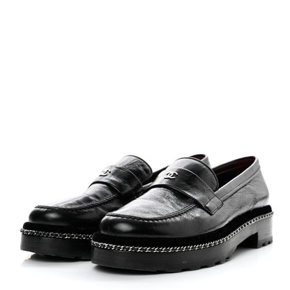 Chanel Crinkled Calfskin Velvet CC Chain Mocassin Loafers 39.5 Black 3 of 7