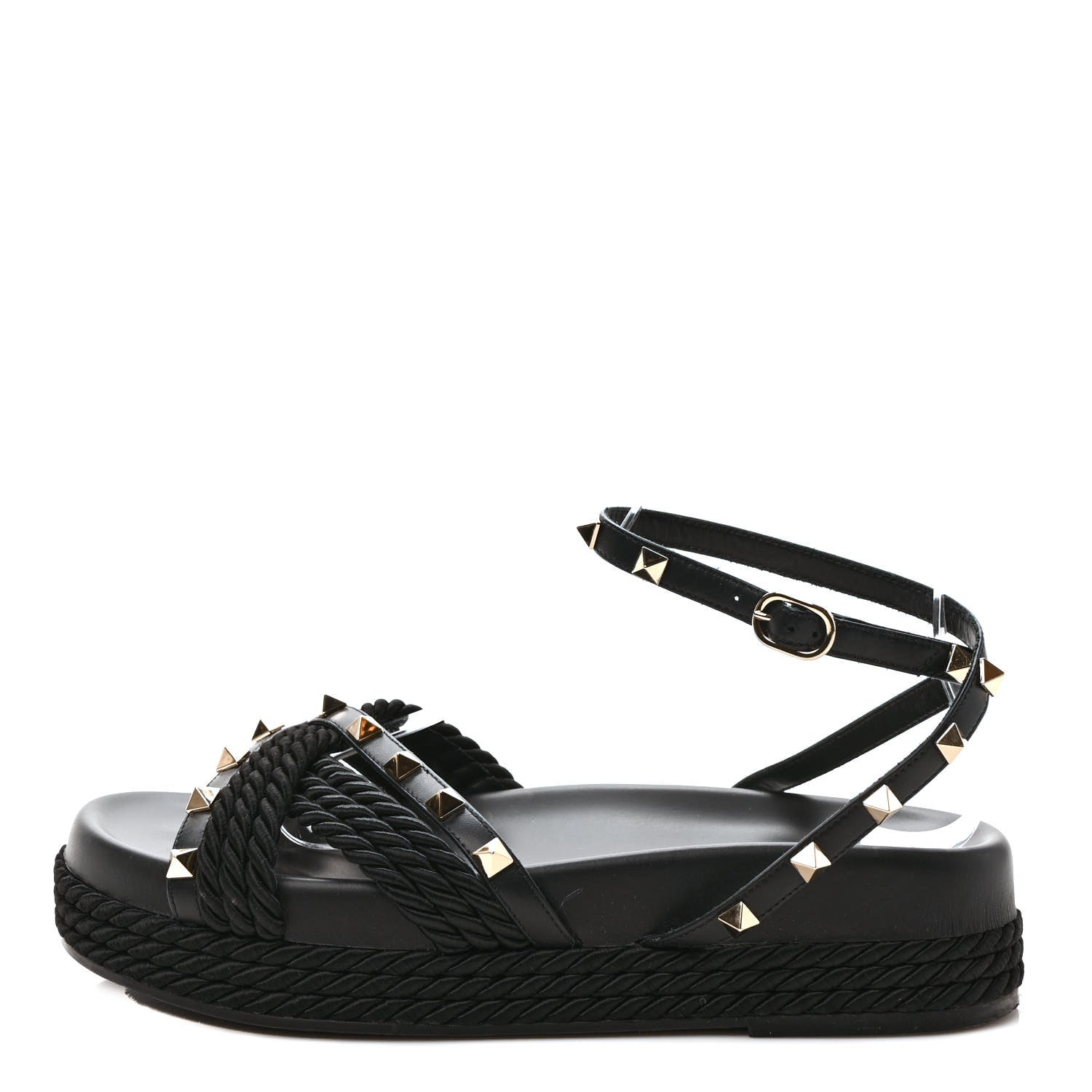 Valentino Garavani Calfskin Rockstud Torchon Espadrille Sandals 38 Black 1 of 7