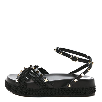 Valentino Garavani Calfskin Rockstud Torchon Espadrille Sandals 38 Black 1 of 7