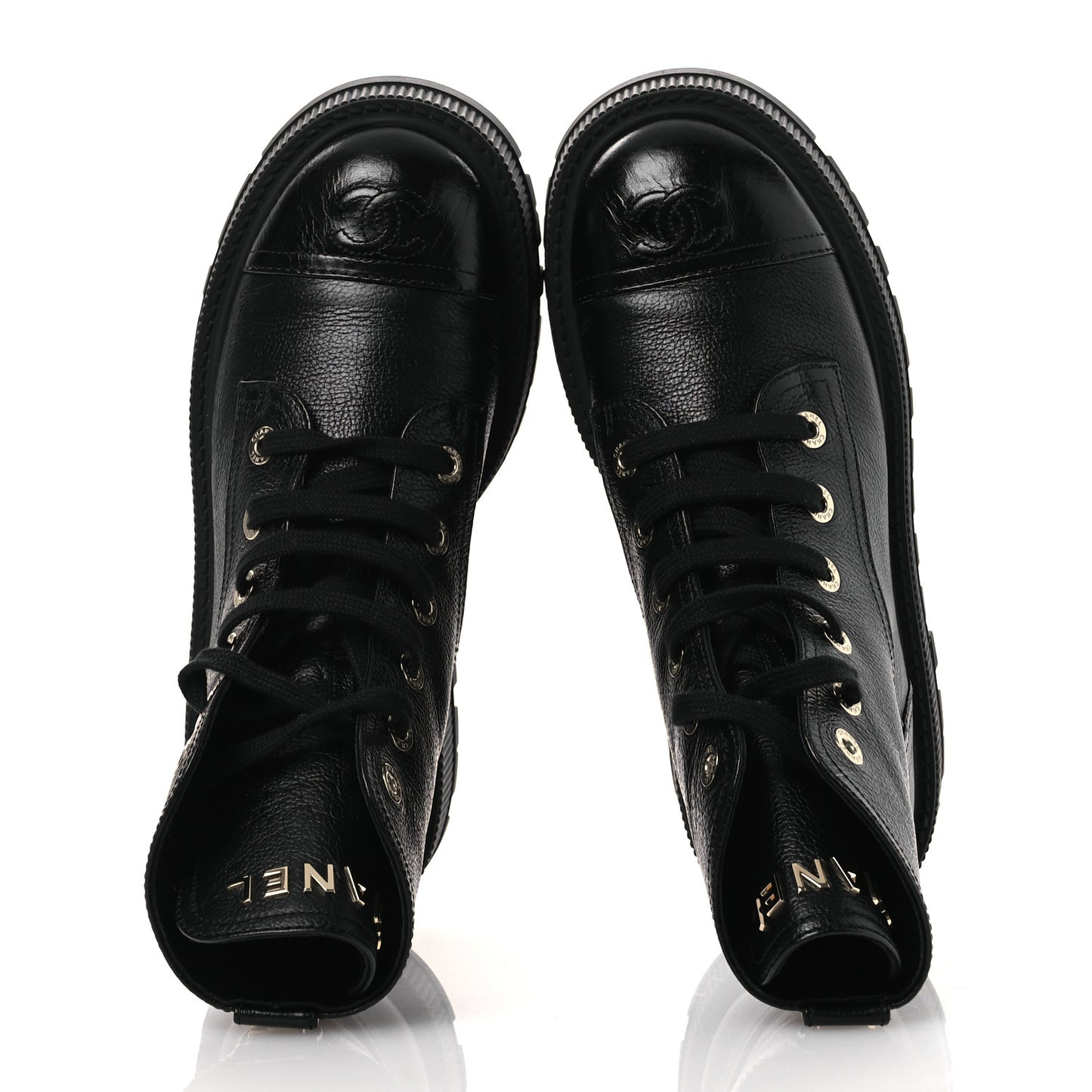 Grained Calfskin Shiny Calfskin CC Lace Up Combat Boots 38.5 Black