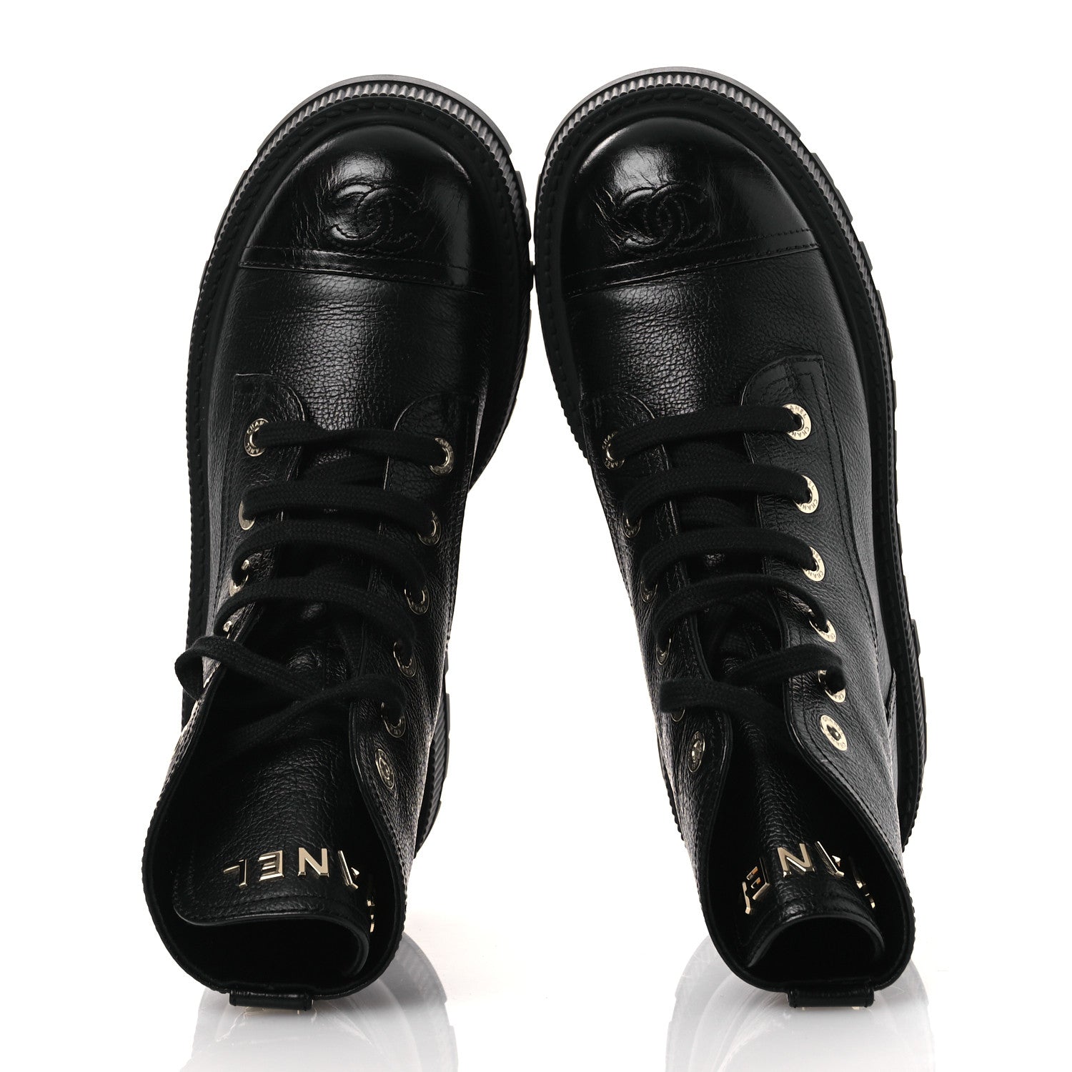 Chanel Grained Calfskin Shiny Calfskin CC Lace Up Combat Boots 38.5 Black 2 of 11