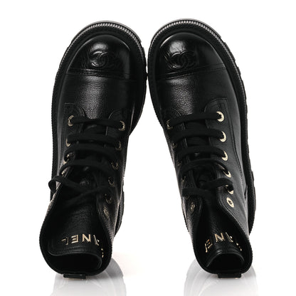 Chanel Grained Calfskin Shiny Calfskin CC Lace Up Combat Boots 38.5 Black 2 of 11