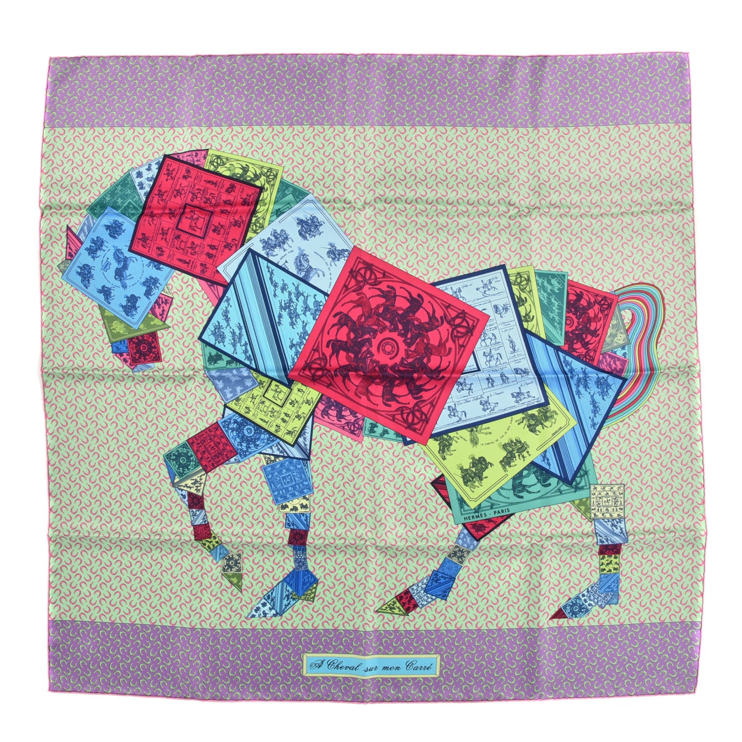 Silk A Cheval Sur Mon Carre Scarf 90 Vert Pale Mauve Rose Bonbon