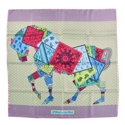 Hermes Silk A Cheval Sur Mon Carre Scarf 90 Vert Pale Mauve Rose Bonbon 1 of 4
