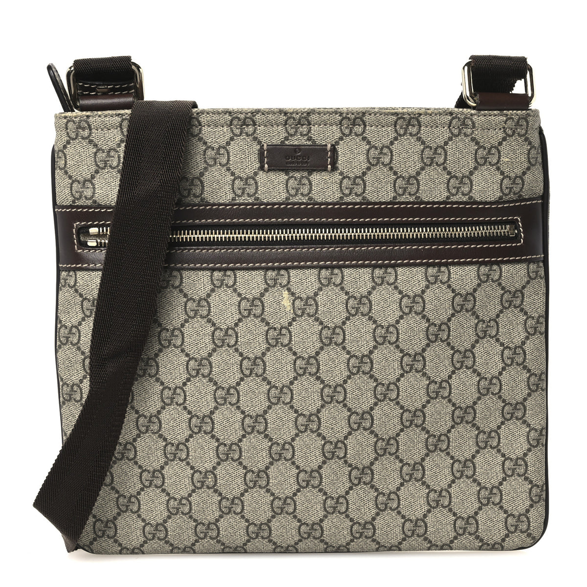 Gucci GG Supreme Monogram Selleria Calfskin Small Flat Side Zip Messenger Bag Beige Ebony Cocoa Dark Chocolate 1 of 12