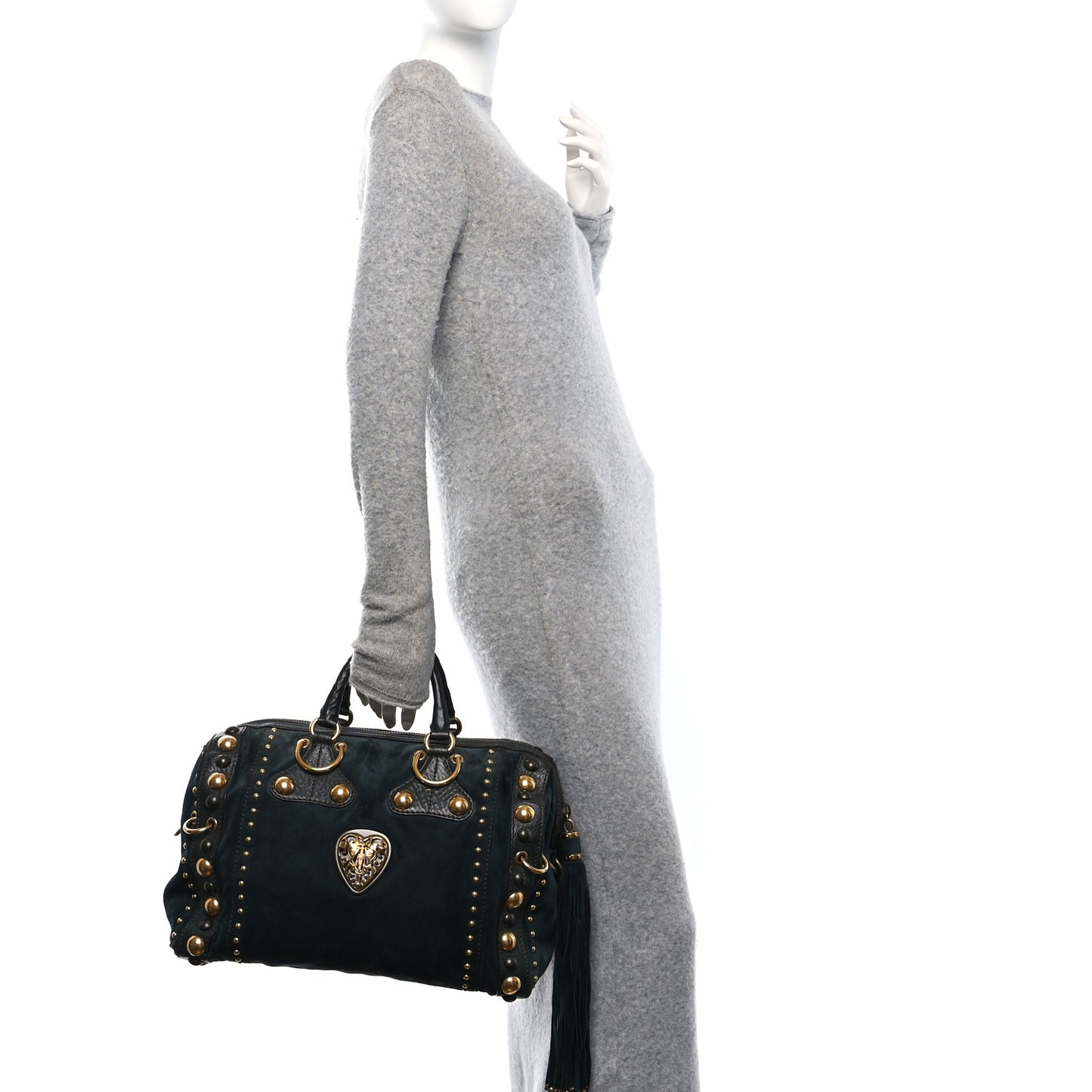 Suede Calfskin Large Babouska Studded Boston Blue