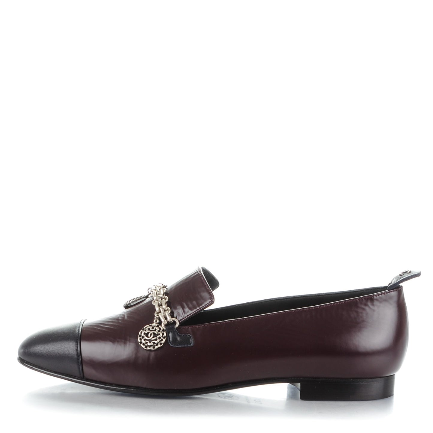 Crackled Goatskin Lambskin Cap Toe CC Charm Moccasin Loafers 37.5 Dark Burgundy Navy