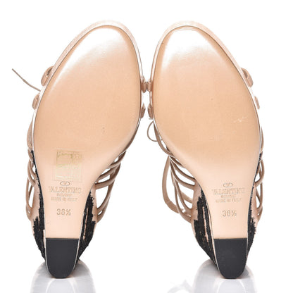 Valentino Garavani Calfskin Lace Applique Wood Wedge Sandals 38.5 Poudre 5 of 9