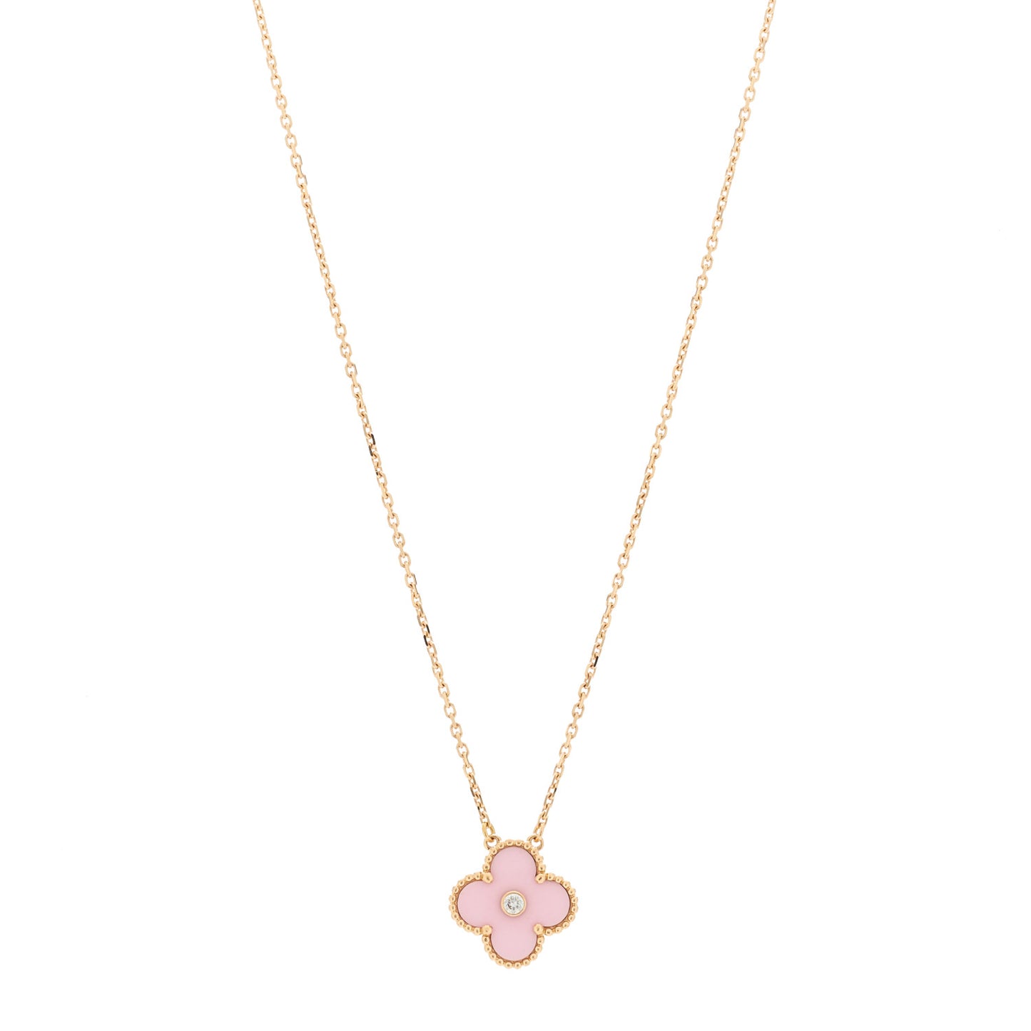 18K Rose Gold Diamond Pink Porcelain Vintage Alhambra Pendant Necklace