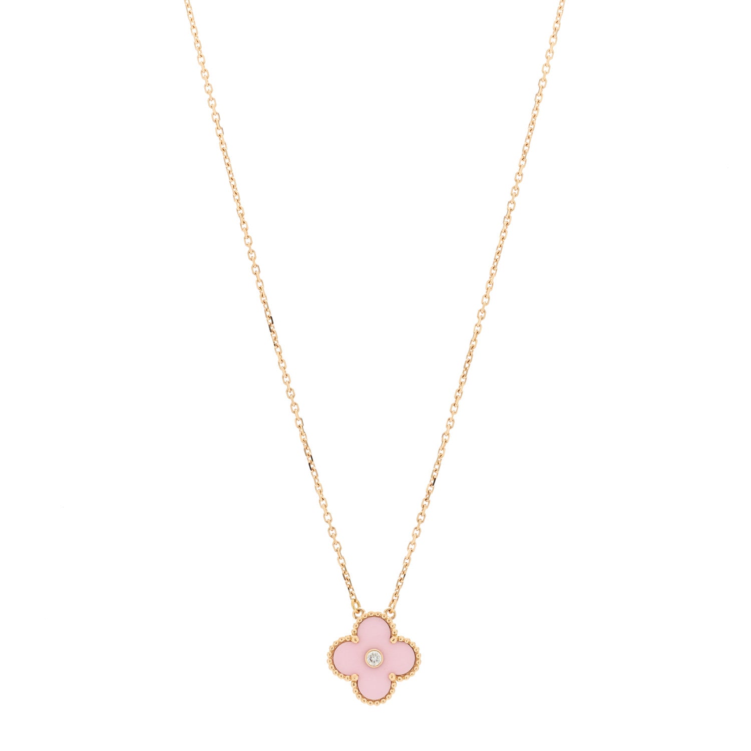 Van Cleef & Arpels 18K Rose Gold Diamond Pink Porcelain Vintage Alhambra Pendant Necklace 1 of 5
