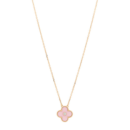 Van Cleef & Arpels 18K Rose Gold Diamond Pink Porcelain Vintage Alhambra Pendant Necklace 1 of 5