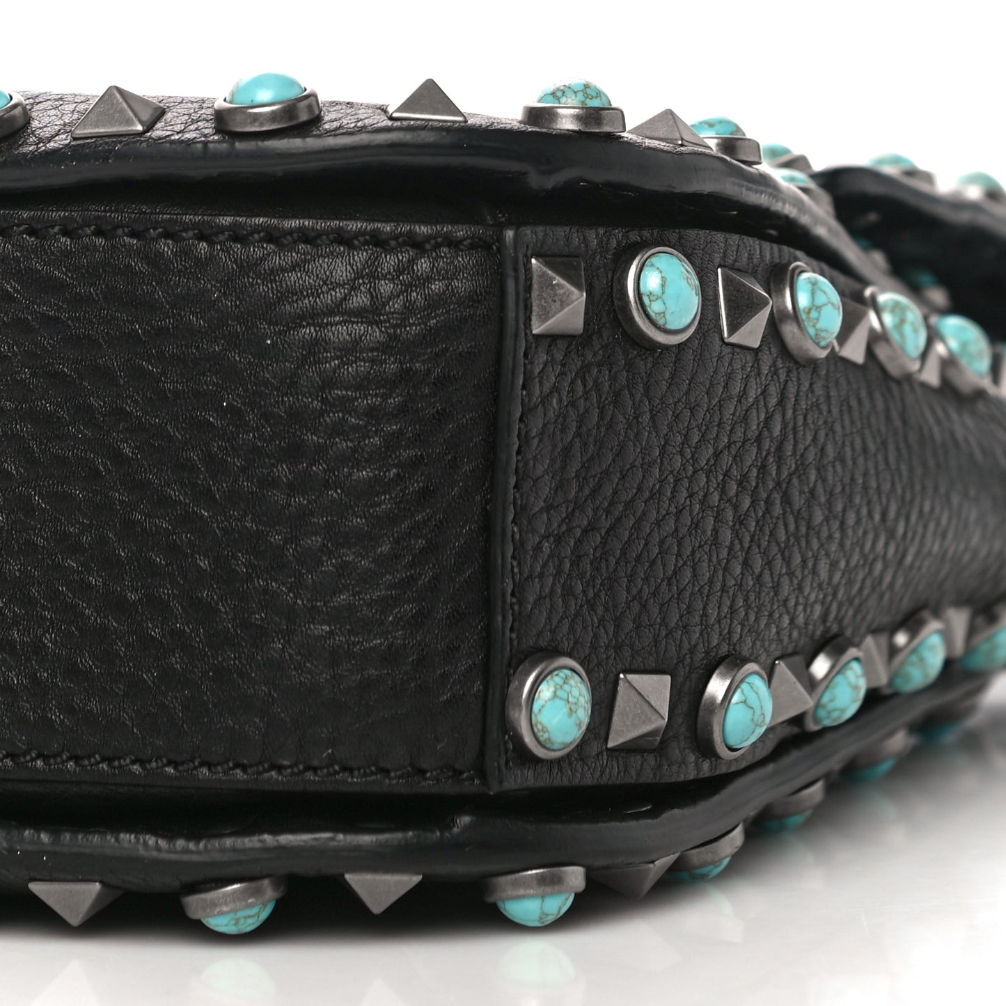 Pebbled Calfskin Turquoise Medium Rockstud Rolling Flap Saddle Bag Black