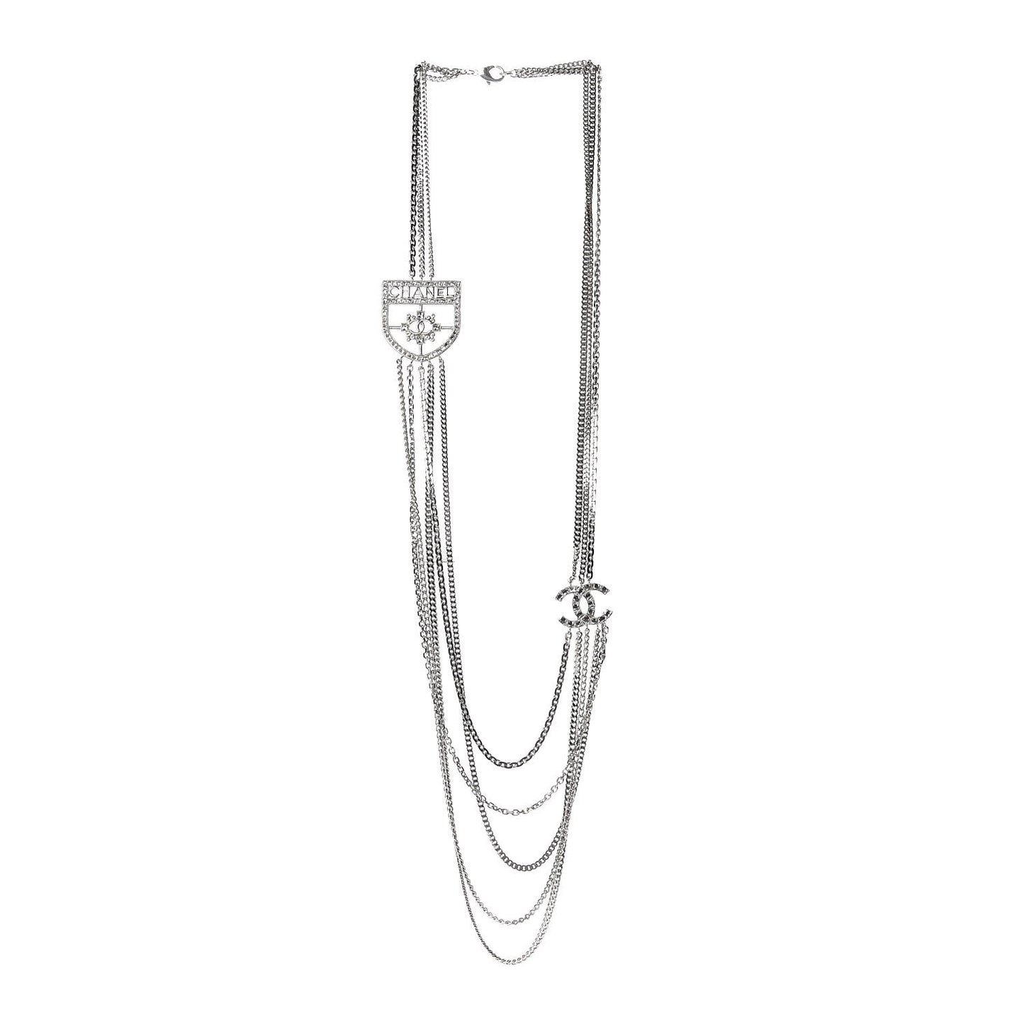 Baguette Crystal CC Shield Multi Strand Long Chain Necklace Silver