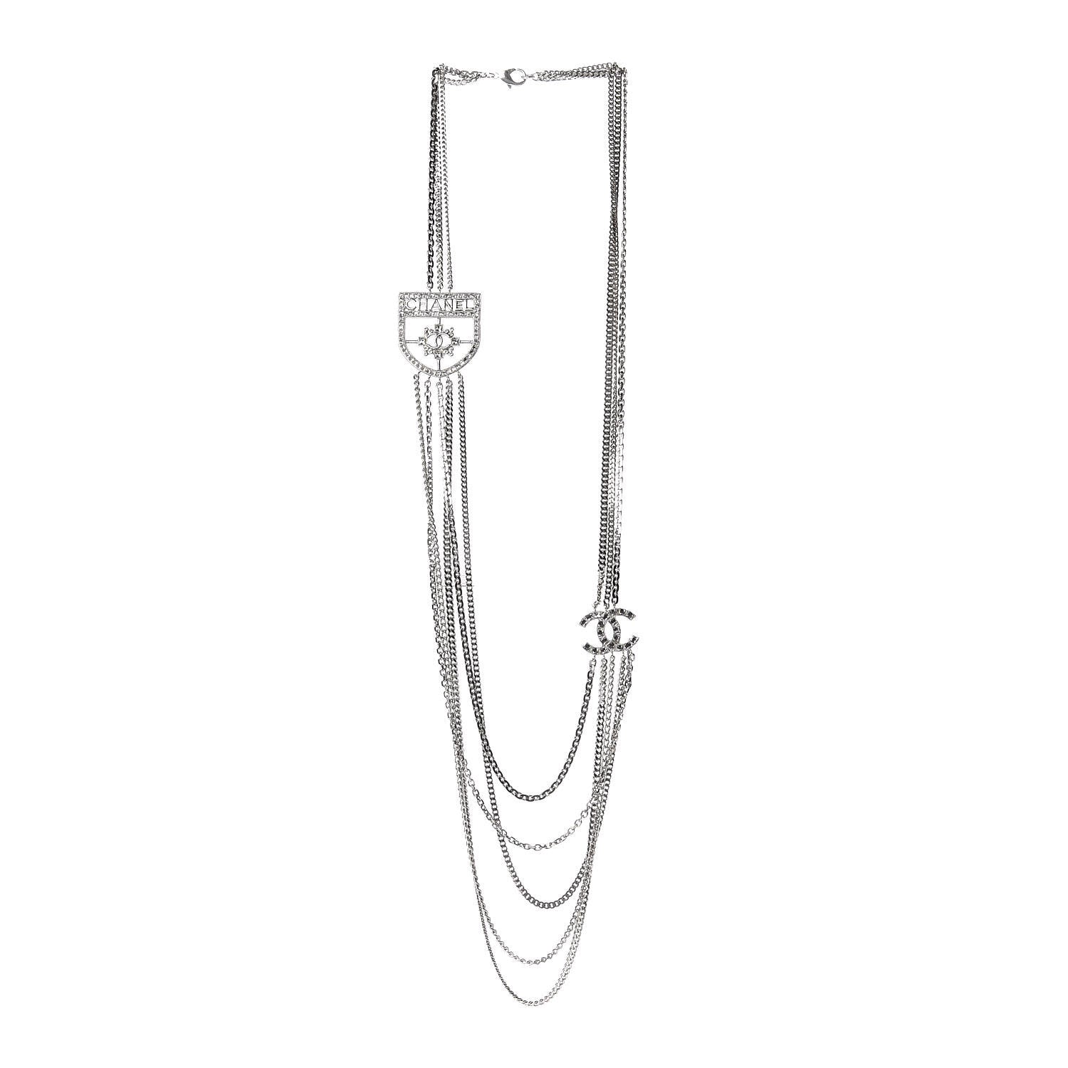 Chanel Baguette Crystal CC Shield Multi Strand Long Chain Necklace Silver 3 of 7