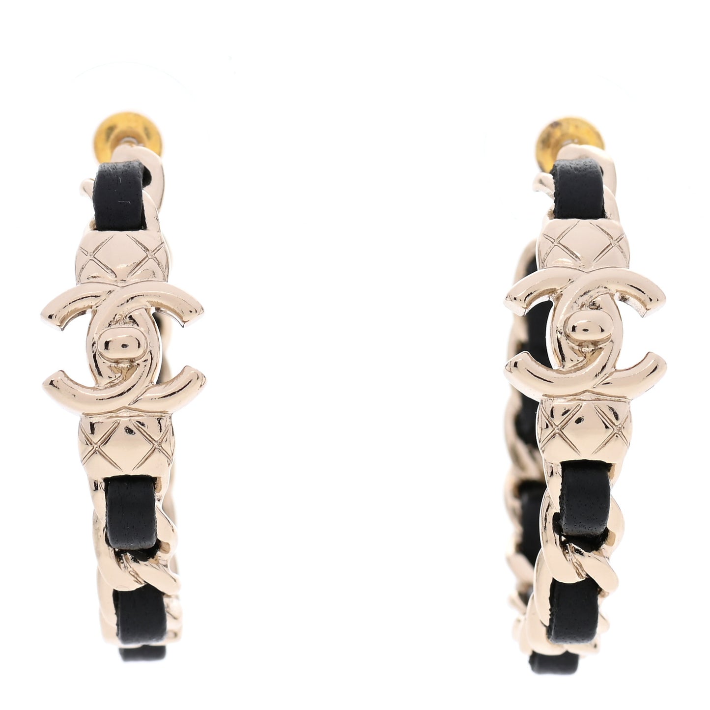 Metal Lambskin Quilted CC Turnlock Chain Hoop Earrings Gold Black