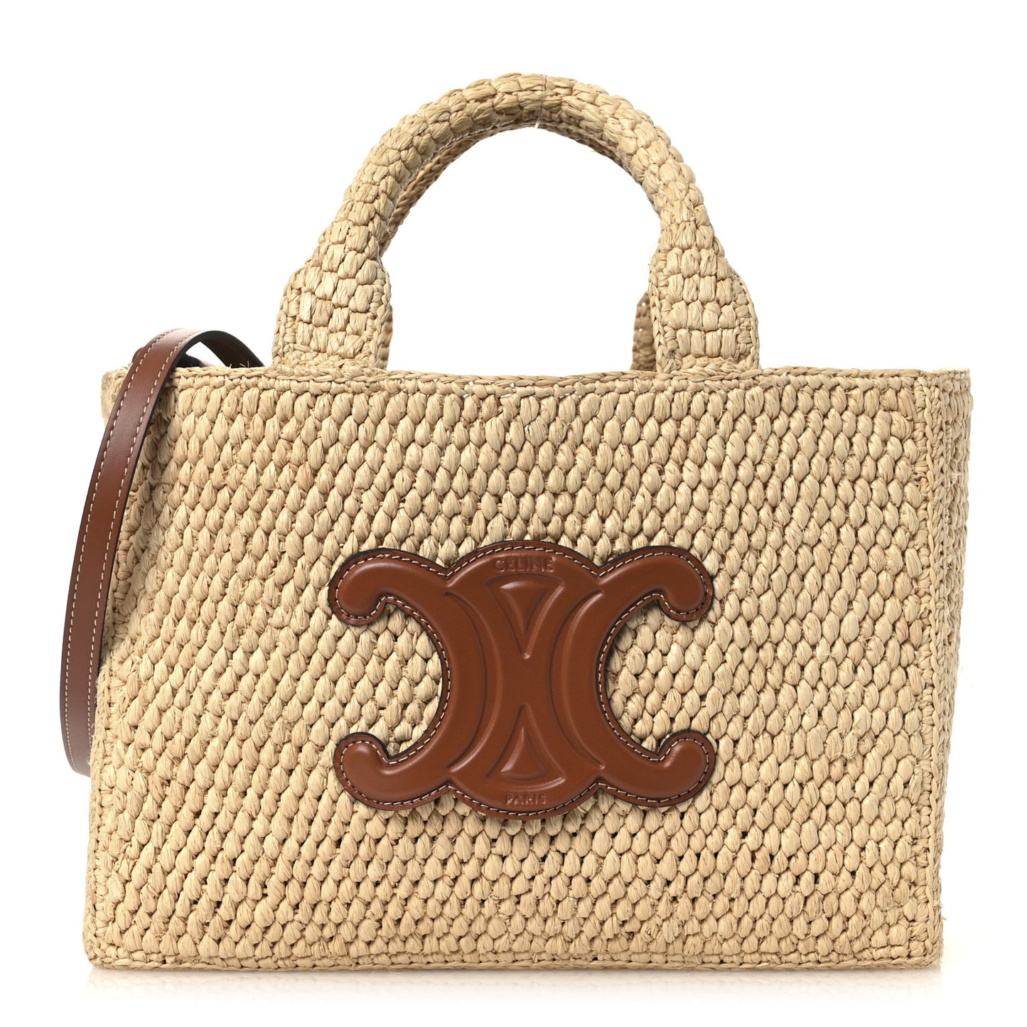 Raffia Calfskin Triomphe Small Cabas Thais Tan