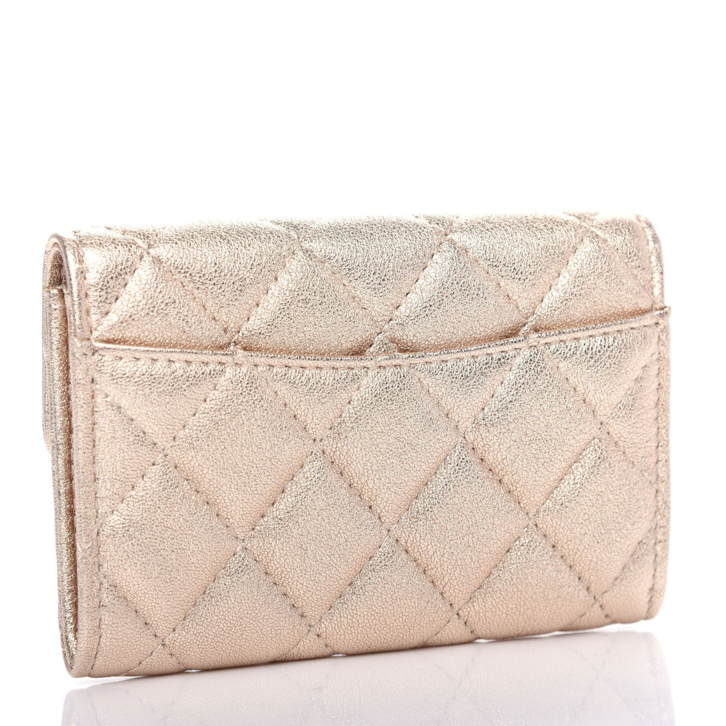 Metallic Lambskin Quilted Flap Card Holder Wallet Gold