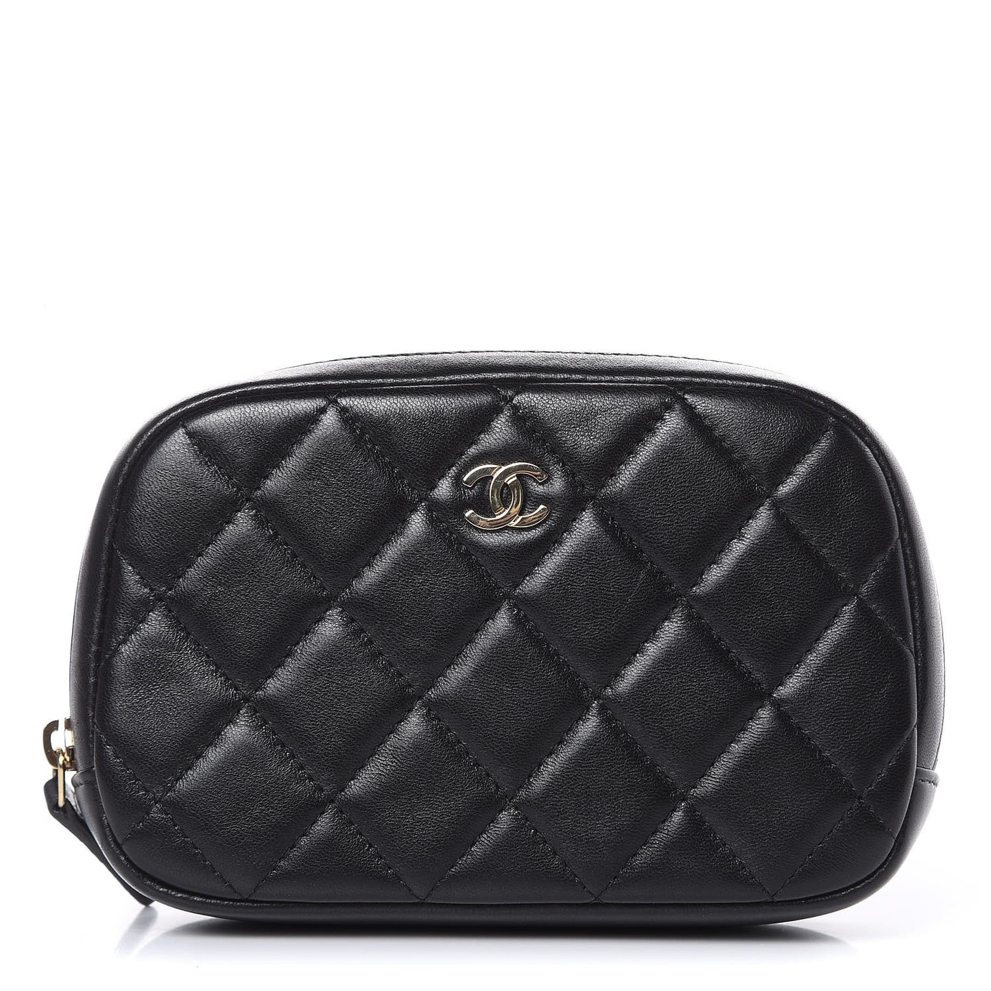 Lambskin Quilted Small Curvy Pouch Cosmetic Case Black