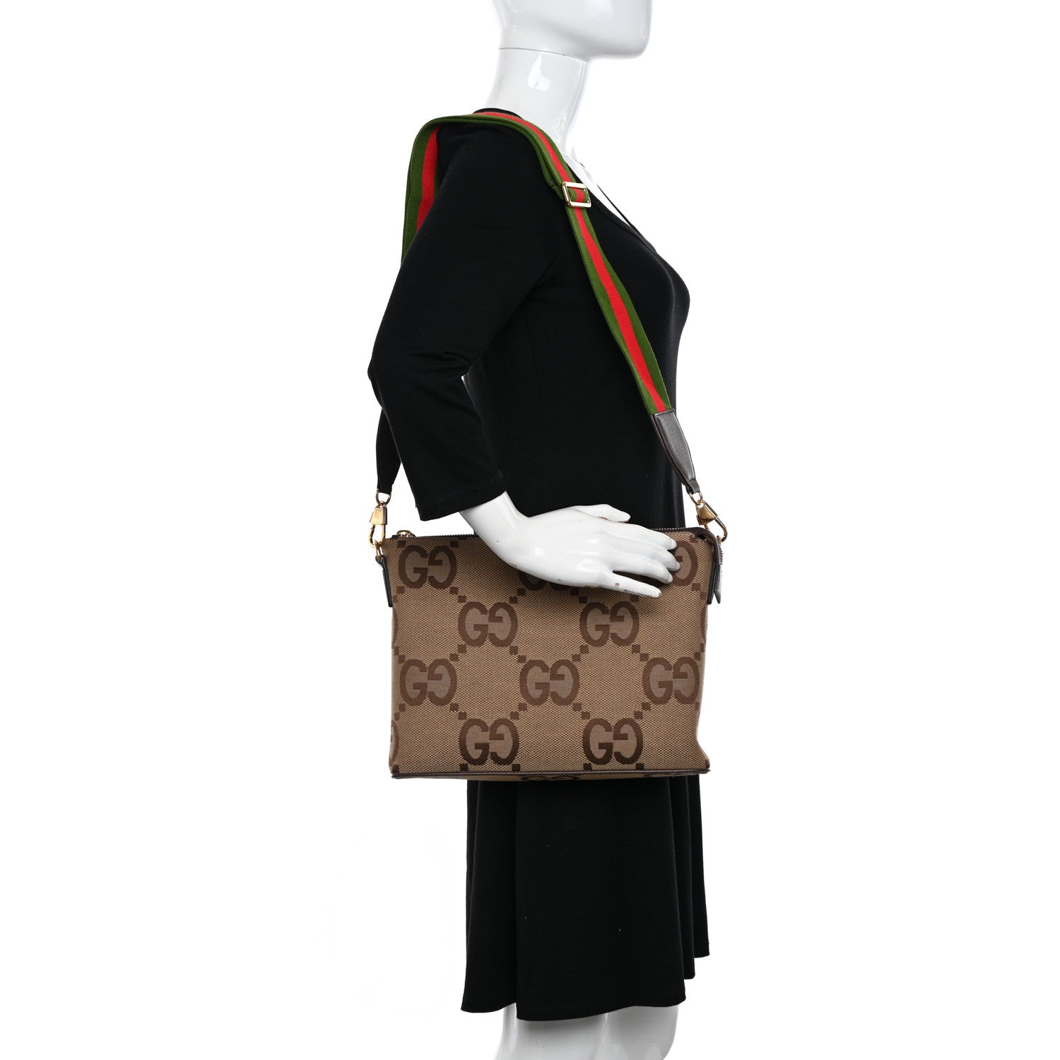 Gucci Monogram Jumbo GG Textured Dollar Calfskin Web Wristlet Messenger Bag Camel Ebony New Acero 2 of 14