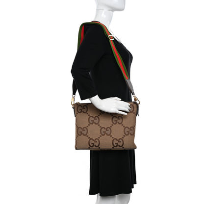 Gucci Monogram Jumbo GG Textured Dollar Calfskin Web Wristlet Messenger Bag Camel Ebony New Acero 2 of 14