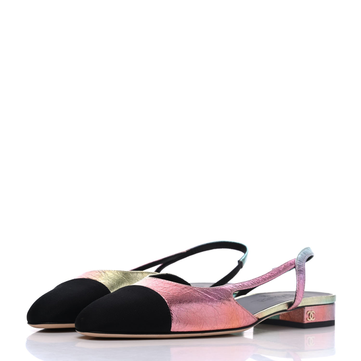 Chanel Laminated Calfskin Grosgrain Cap Toe CC Slingback Flats 40 Multicolor Black 3 of 11