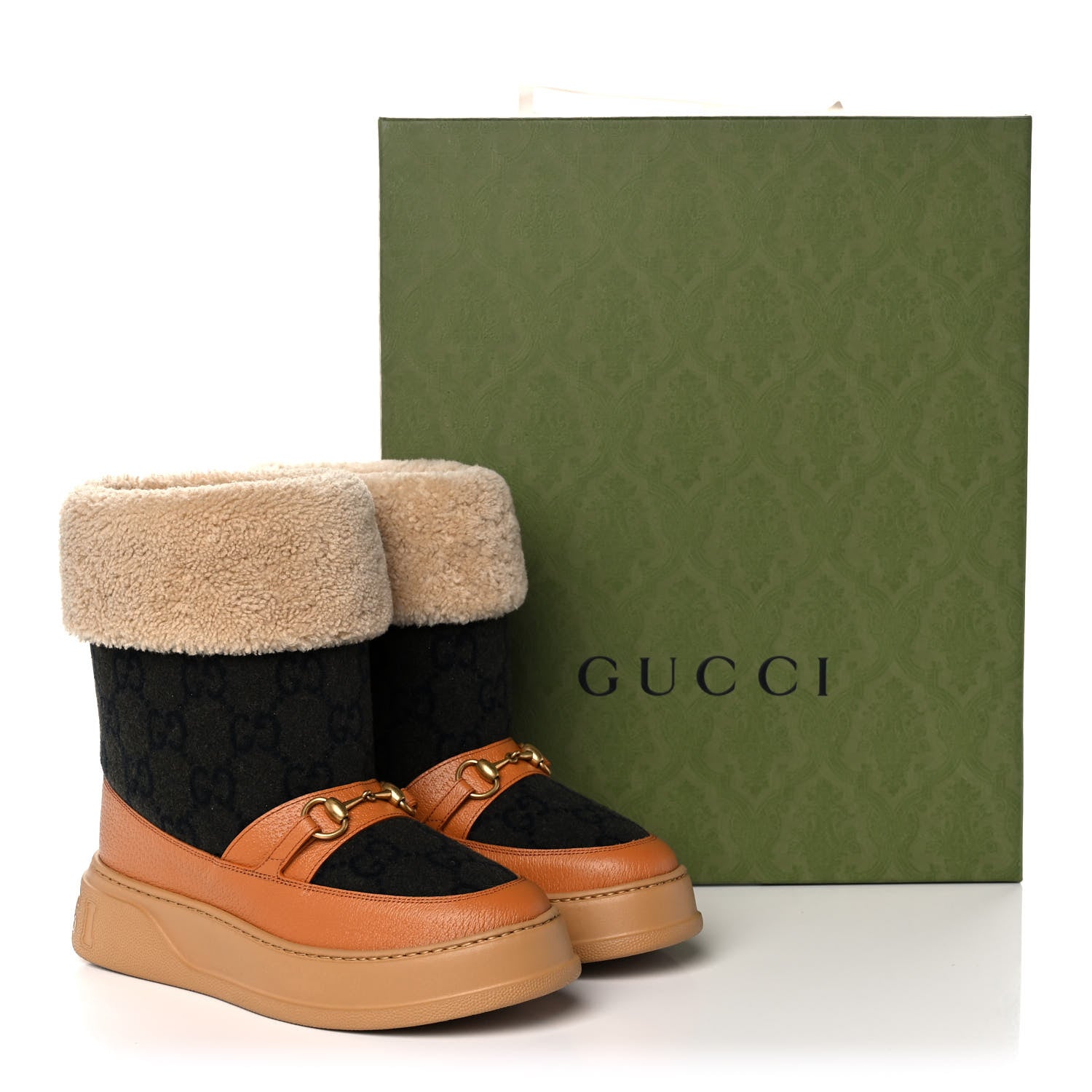 Gucci Covered Wool Monogram Textured Dollar Calfskin Shearling Horsebit Snow Boots 39.5 Underwood Blue Hazel Brown 10 of 10