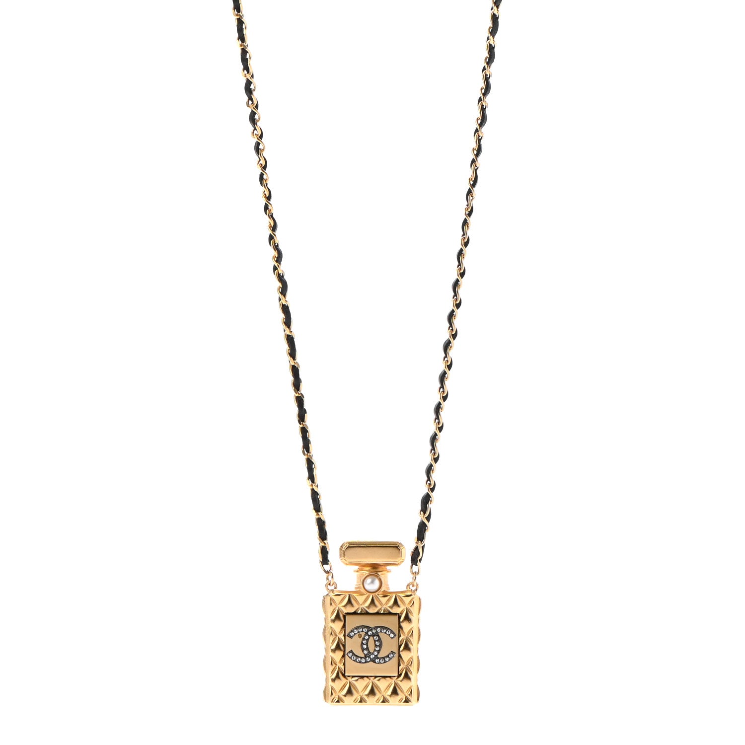 Chanel Crystal Pearl Perfume Bottle CC Necklace Gold 1 of 5