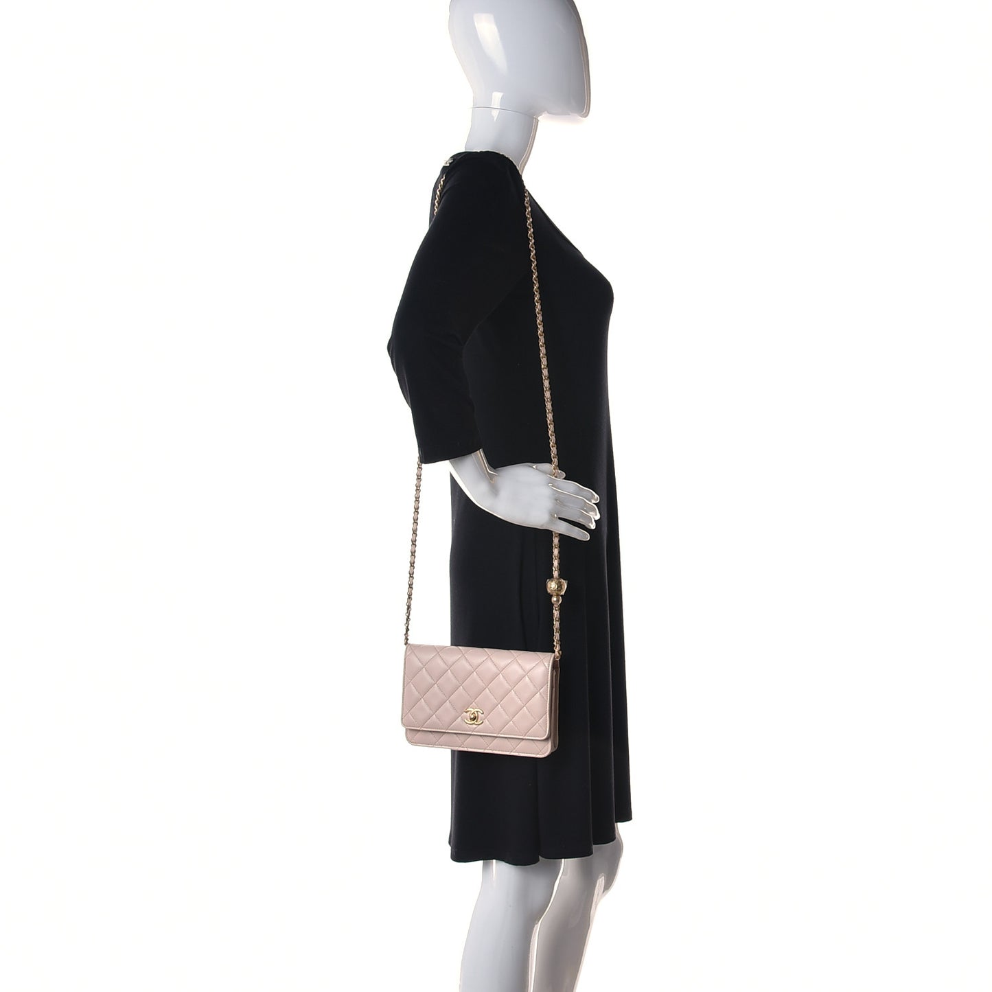 Lambskin Quilted CC Pearl Crush Wallet on Chain WOC Light Beige